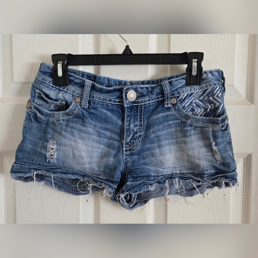 Amethyst Jeans Distressed Embroidered Blue Jean Shorts
